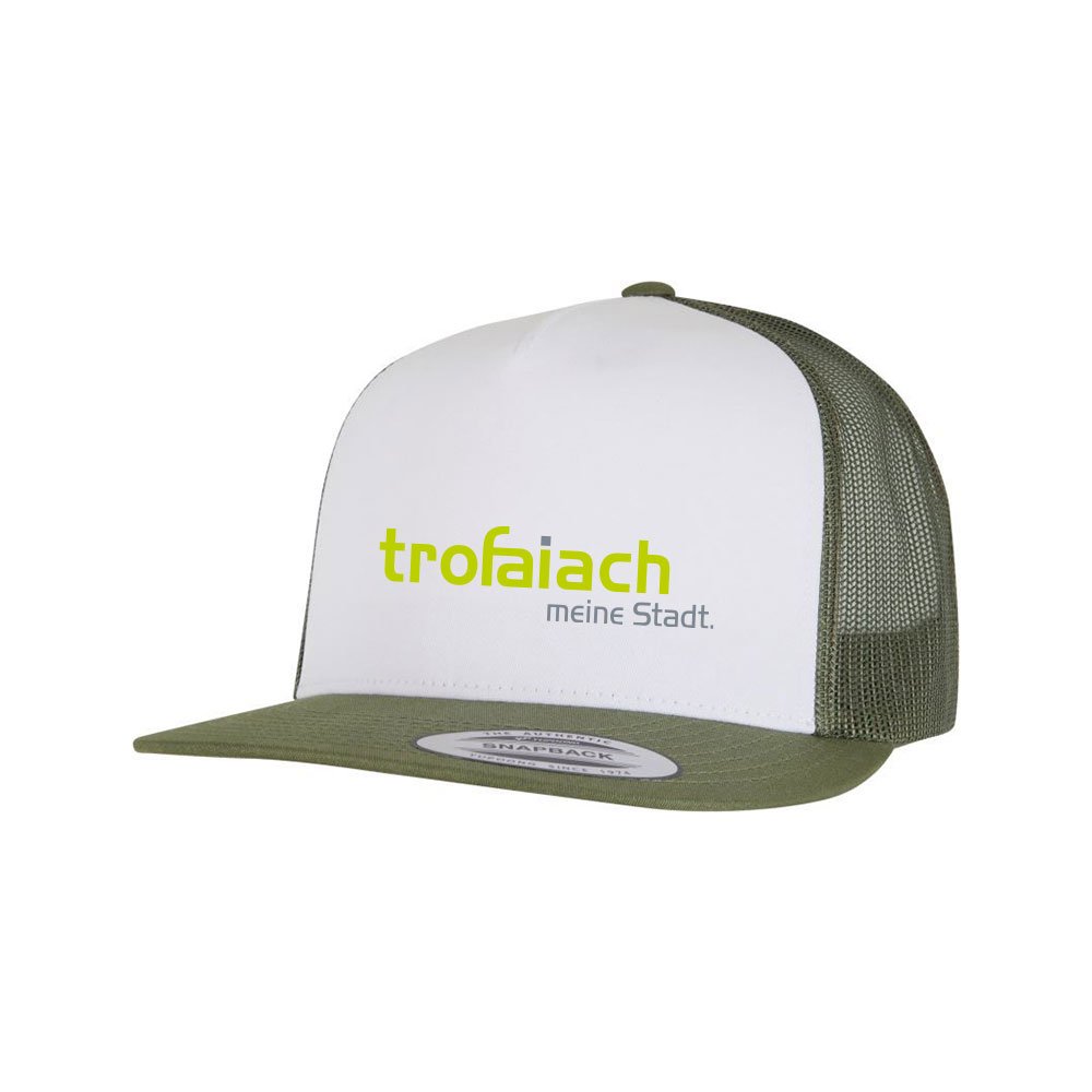 Kappe Flexfit Olive mit trofaiach-Schriftzug, Vorderansicht