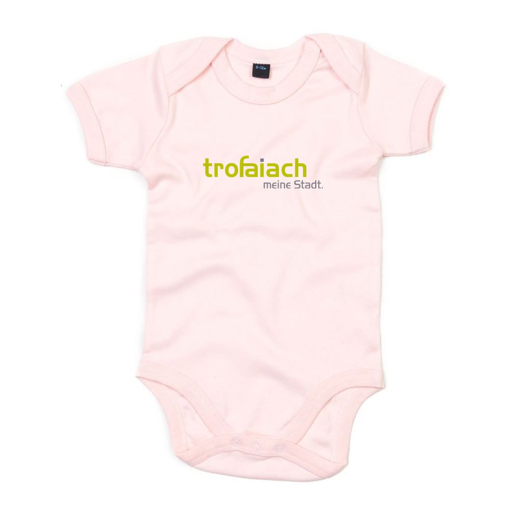 Babybody Rosa mit trofaiach-Schriftzug, Vorderansicht