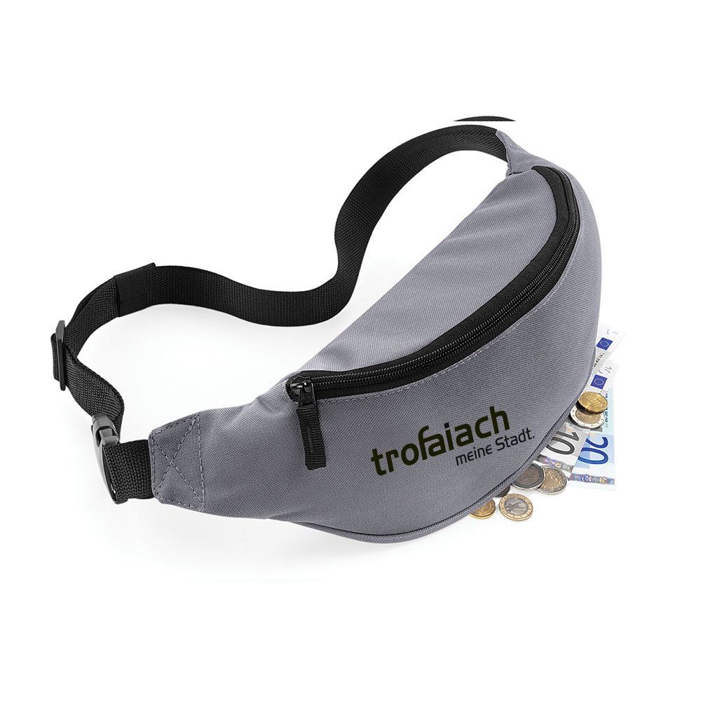 Bauchtasche Grau mit trofaiach-Schriftzug, Vorderansicht