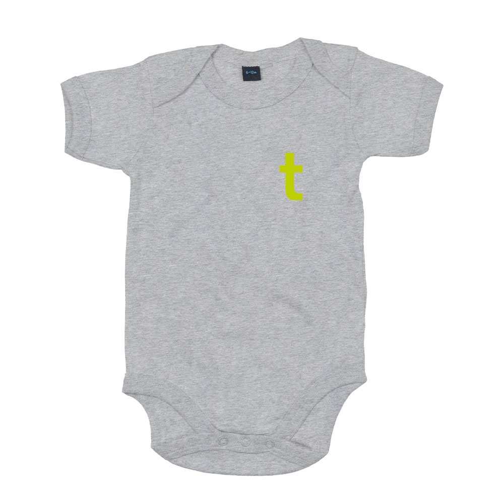 Babybody Hellgrau mit t-Logo, Vorderansicht
