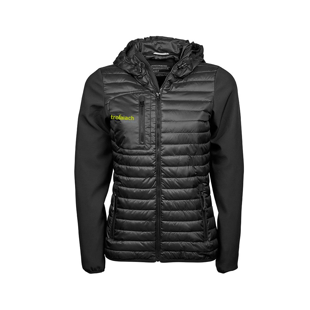 Crossover Kapuzenjacke Damen Schwarz mit trofaiach-Schriftzug, Vorderansicht